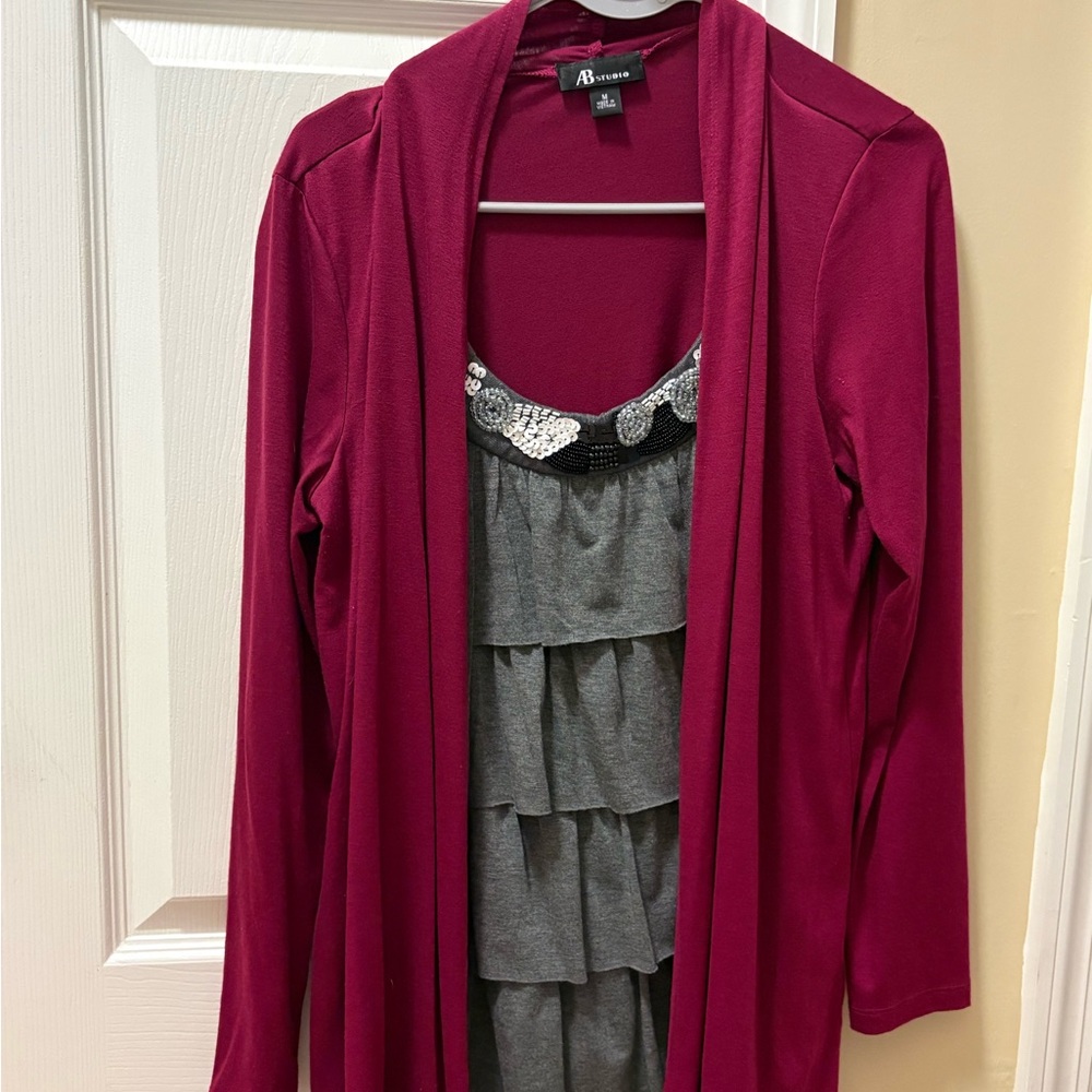 AB Studio Burgundy and Gray Long Sleeve Top